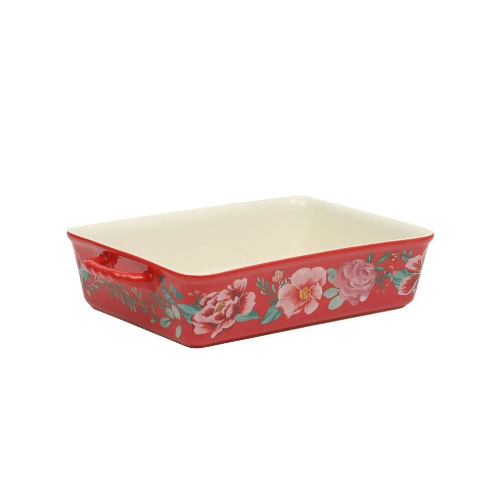 Pioneer Woman LOVE Merry Meadow Christmas Holiday Rectangular Baker Red Floral